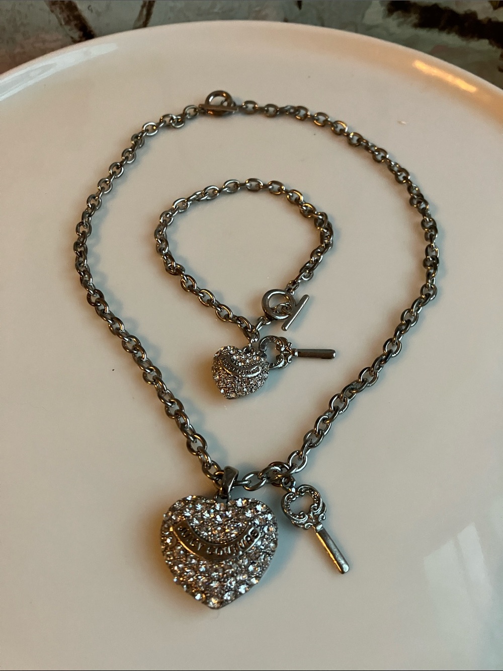 Juicy Couture Rhinestone Puffy Heart  Toggle Silver Matching Necklace & Bracelet